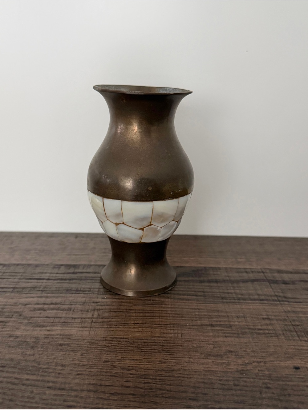 Vintage Brass Vase Mother Of‎ Pearl Inlay Boho Hollywood Regency Coastal Artisan